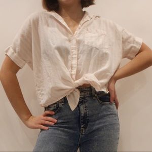 Madewell Pink & White Stripe Button-Up + Tie Short Sleeve